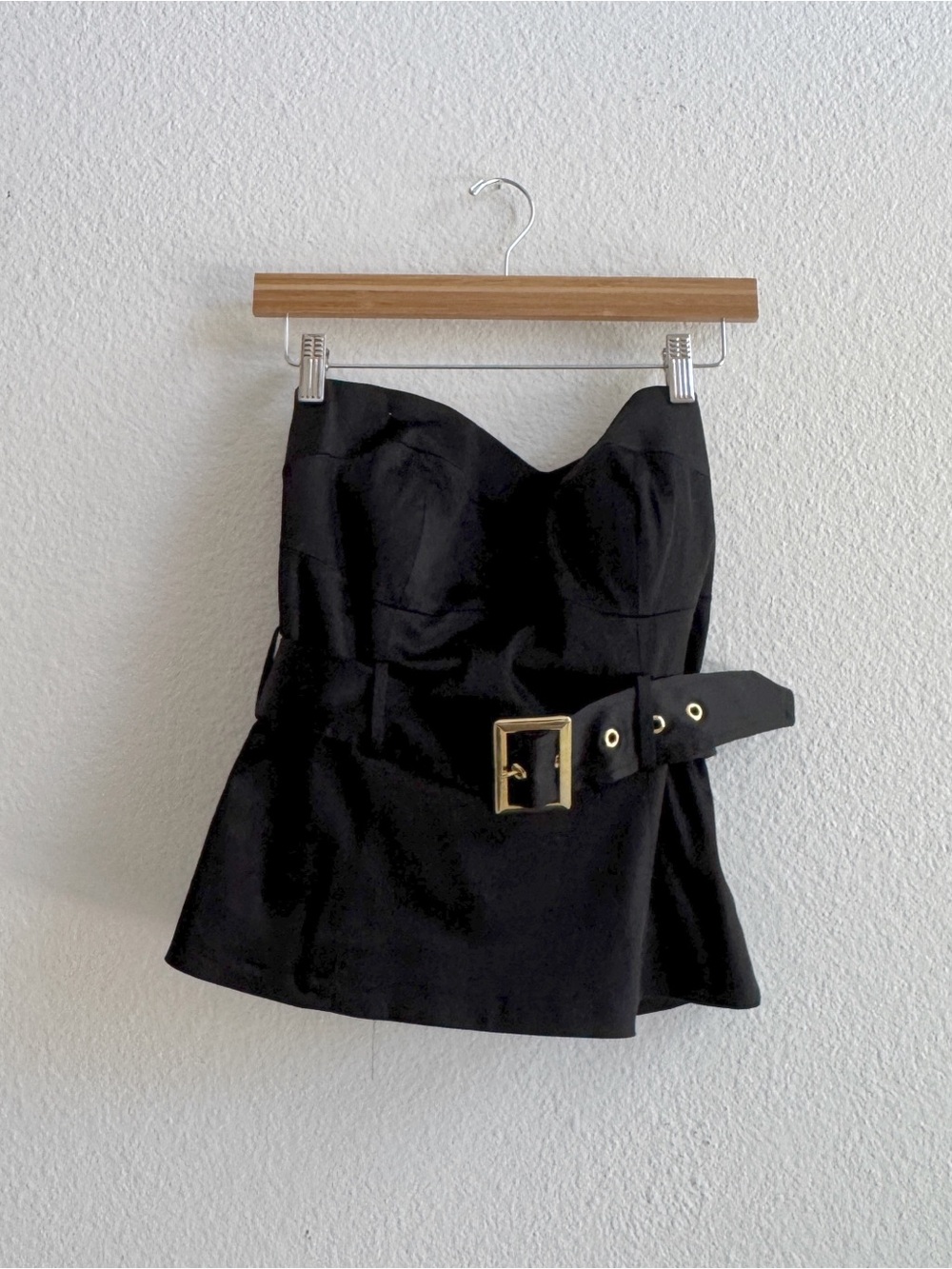 ARDEN B Vintage Strapless Black Peplum Top with Gold Buckle Belt